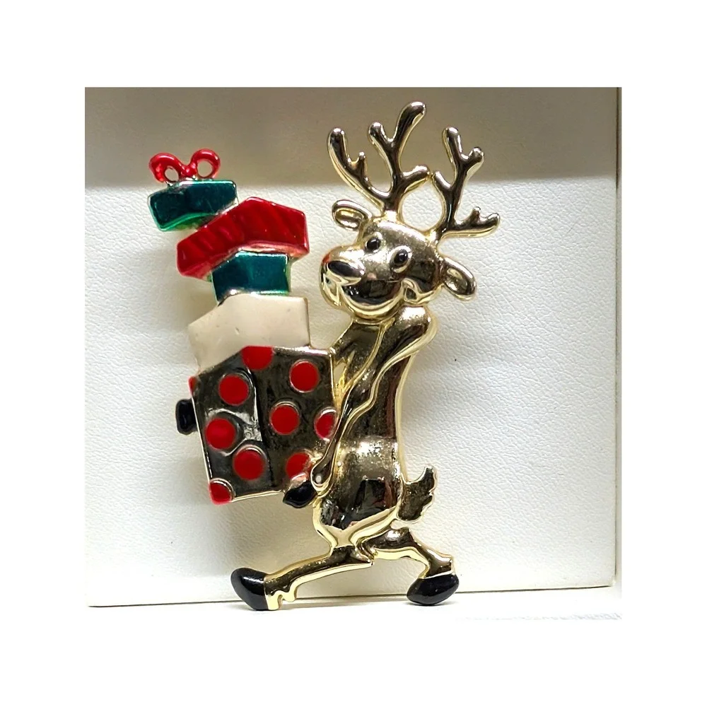 Vintage Danecraft Reindeer Gifts Brooch Pin Goldtone Red Green‎ Enamel Holiday